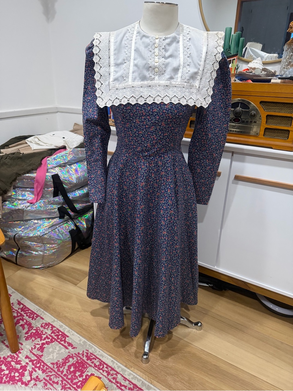 1970s Gunne Sax Navy Floral Long-Sleeve Dress with Lace Bib
